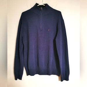 Tommy Hilfiger Sweater Men XL Blue 1/4 Zip Pullover Knit Double Layer Collar